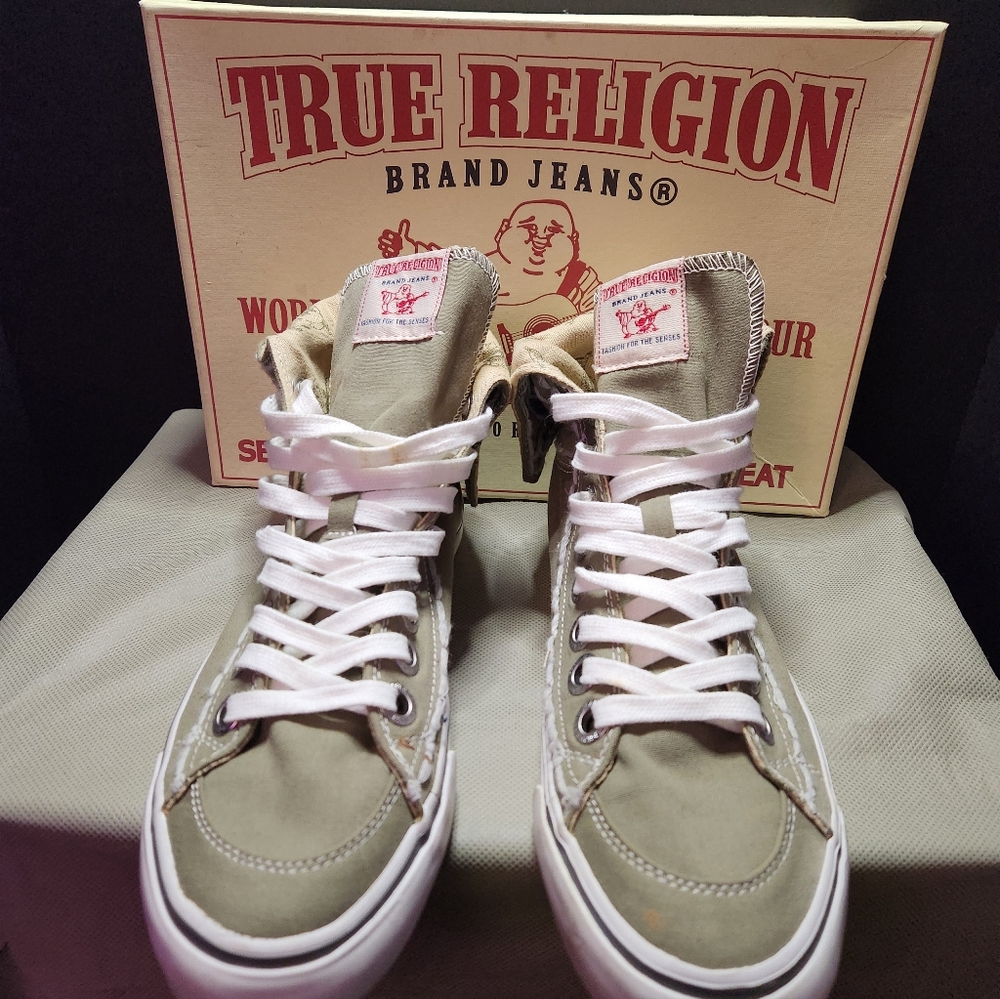 True Religion High-Top Sneakers in Khaki and White